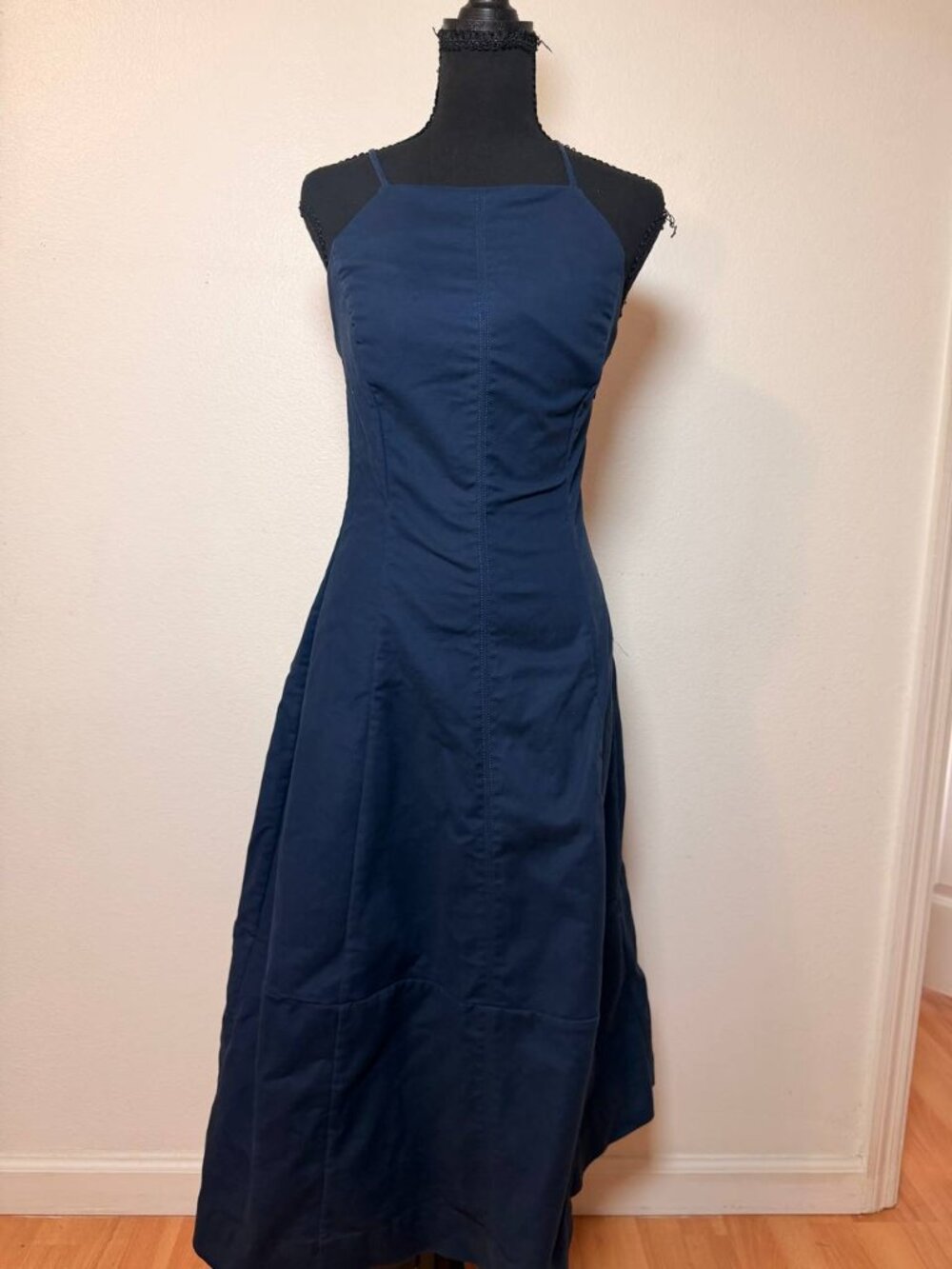 Everlane Navy Cotton Bubble Hem Midi Dress Bell Skirt Spaghetti Strap Sculptural